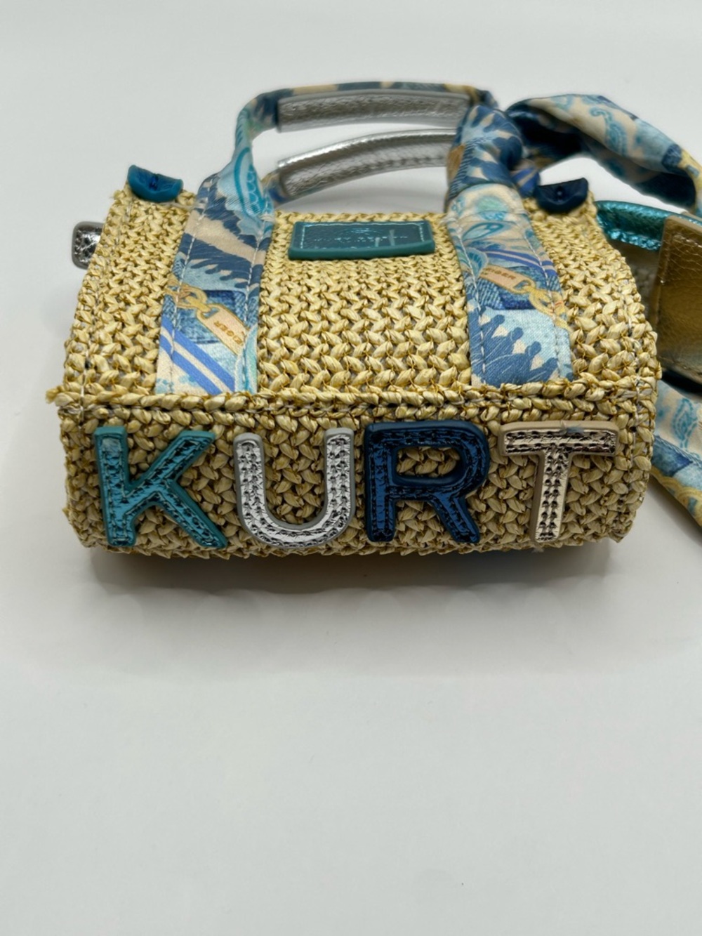 Kurt Geiger Straw Mini Bag with Blue & Cream Scarf Accents - Picture 7 of 10